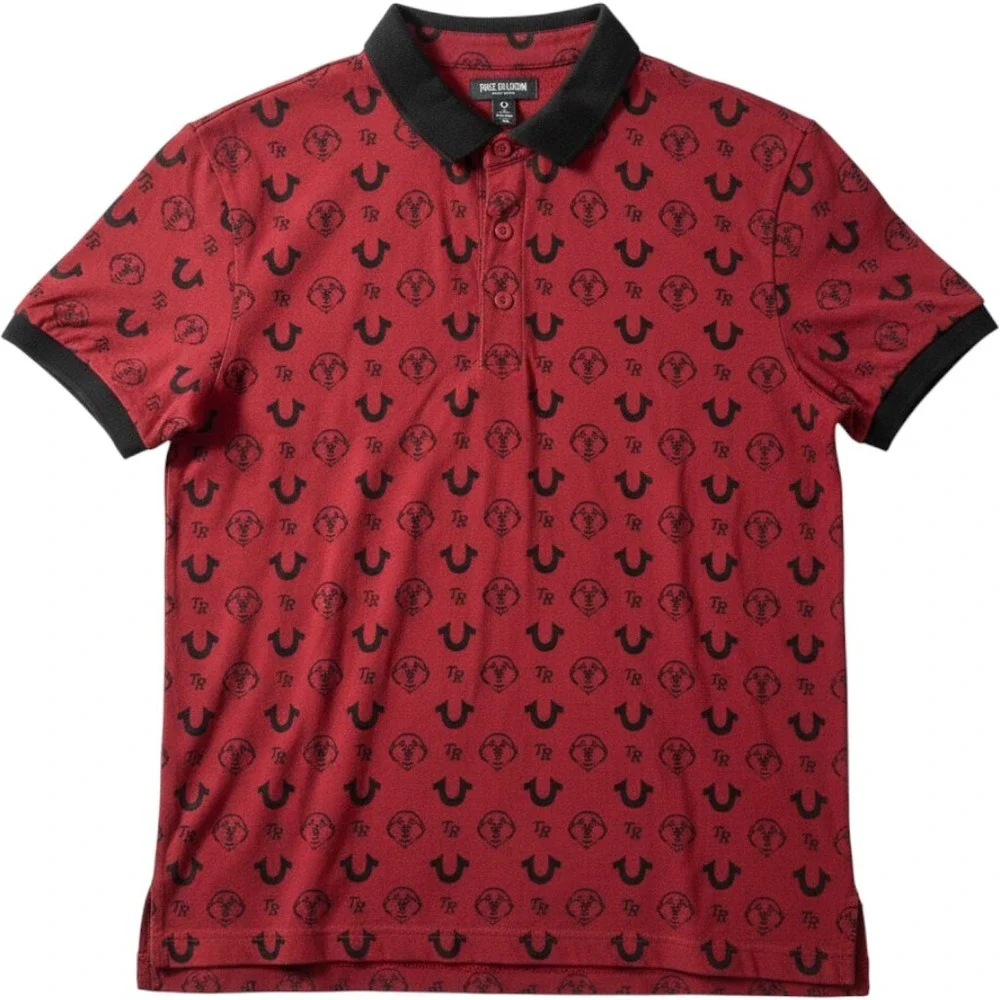 True Religion AOP Monogram Polo Shirt Mens S Red Dahlia Black Preppy Streetwear